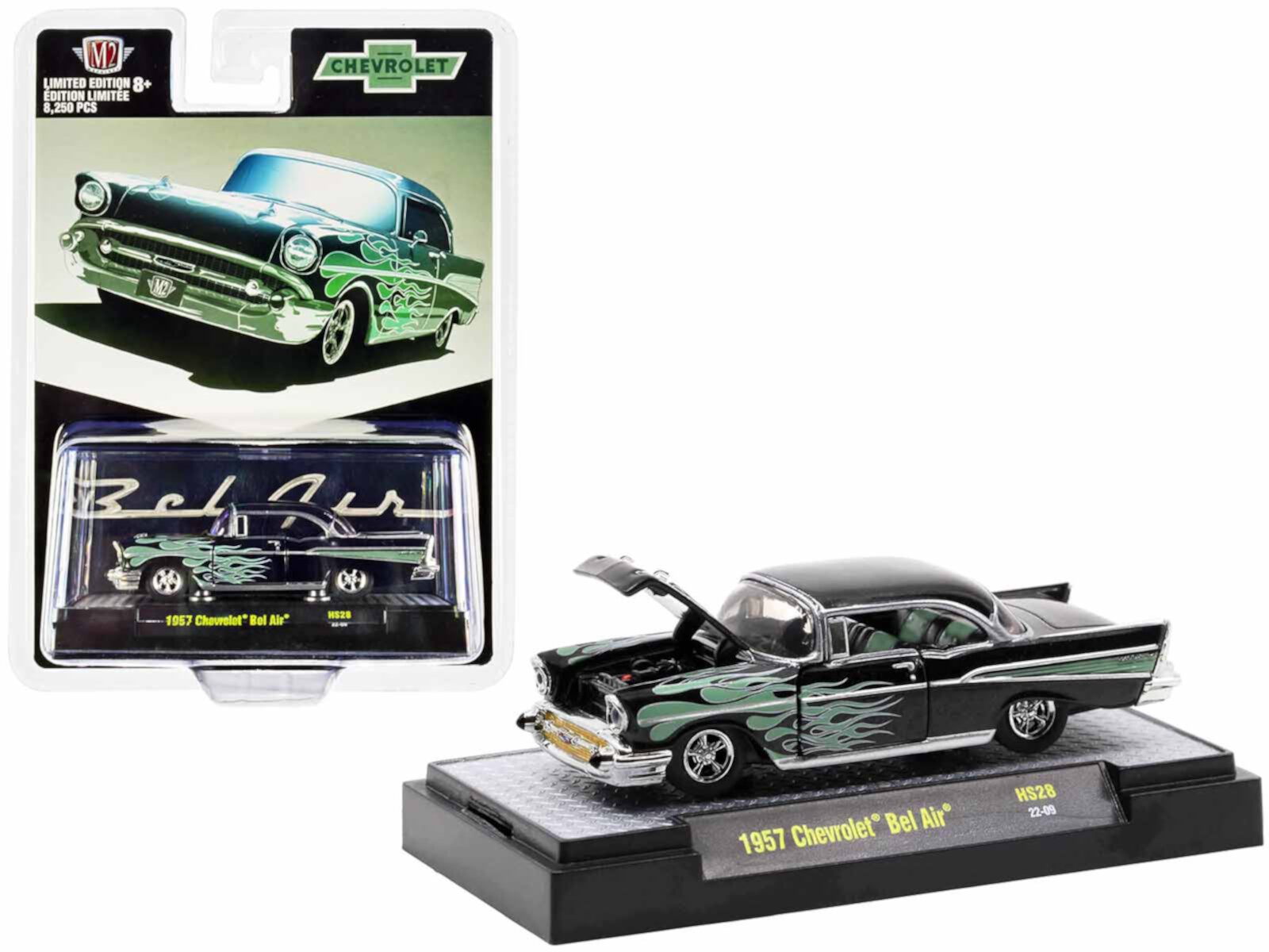 Модель автомобиля 1957 года Chevrolet Bel Air 1/64 в черном металлике с зелеными пламенами, ограниченная серия, 8250 шт. M2 Machines