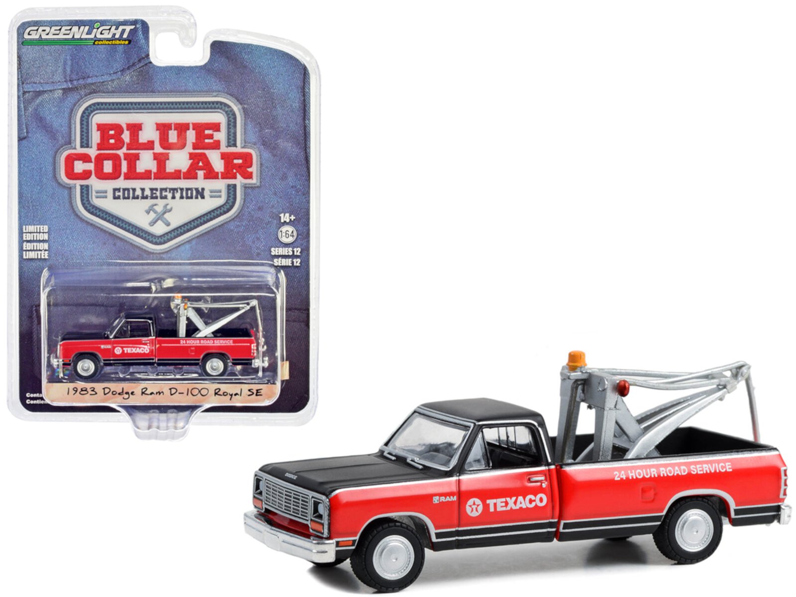 1983 Dodge Ram D-100 Royal SE Tow Truck Black and Red "Texaco - 24 Hour Service" 1/64 Diecast Model Car by Greenlight Greenlight