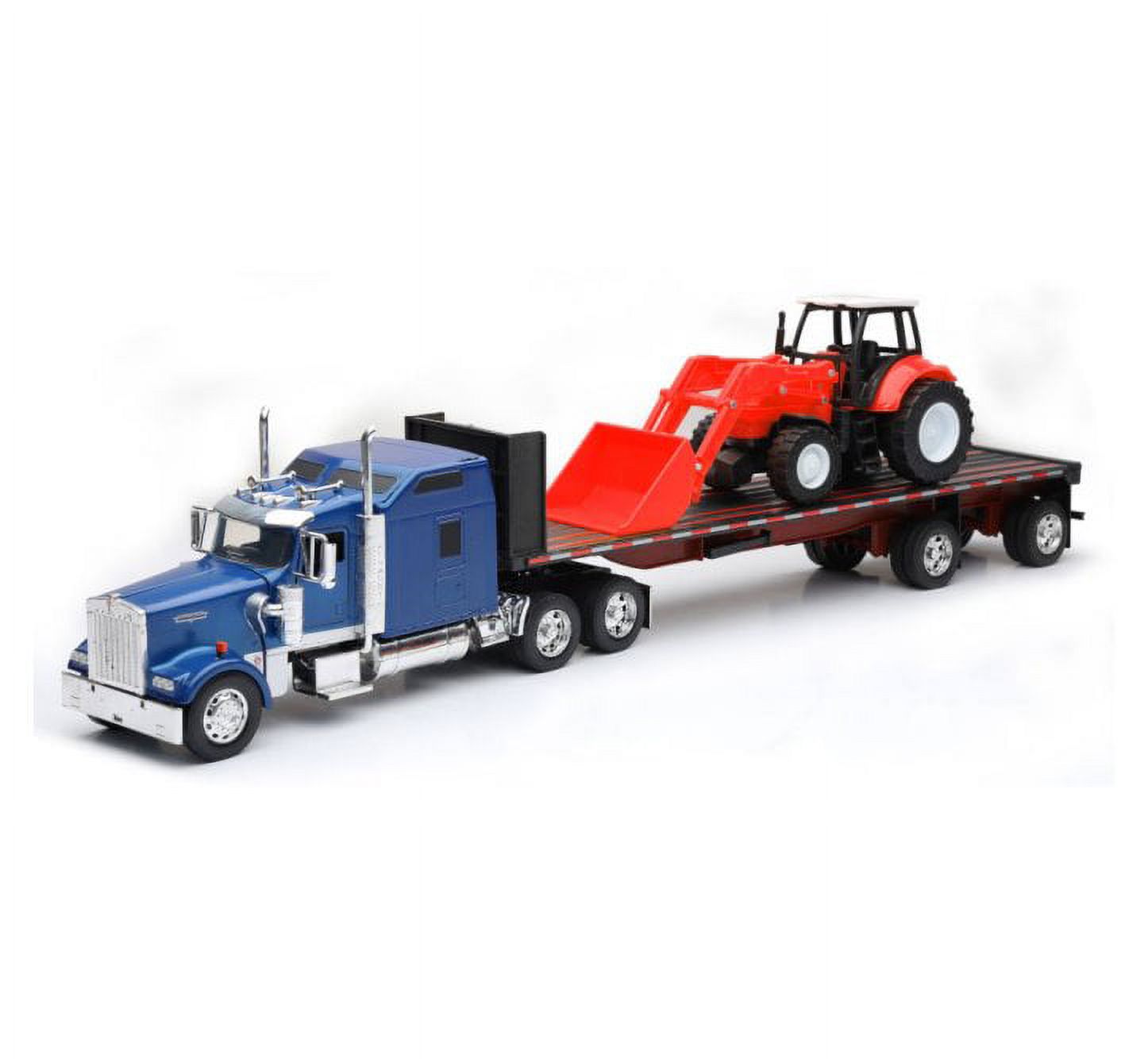 Kenworth W900 Flatbed W/ Farm Tractor, Blue - New Ray SS-10373A - 1/32 scale Diecast Car New Ray Toys