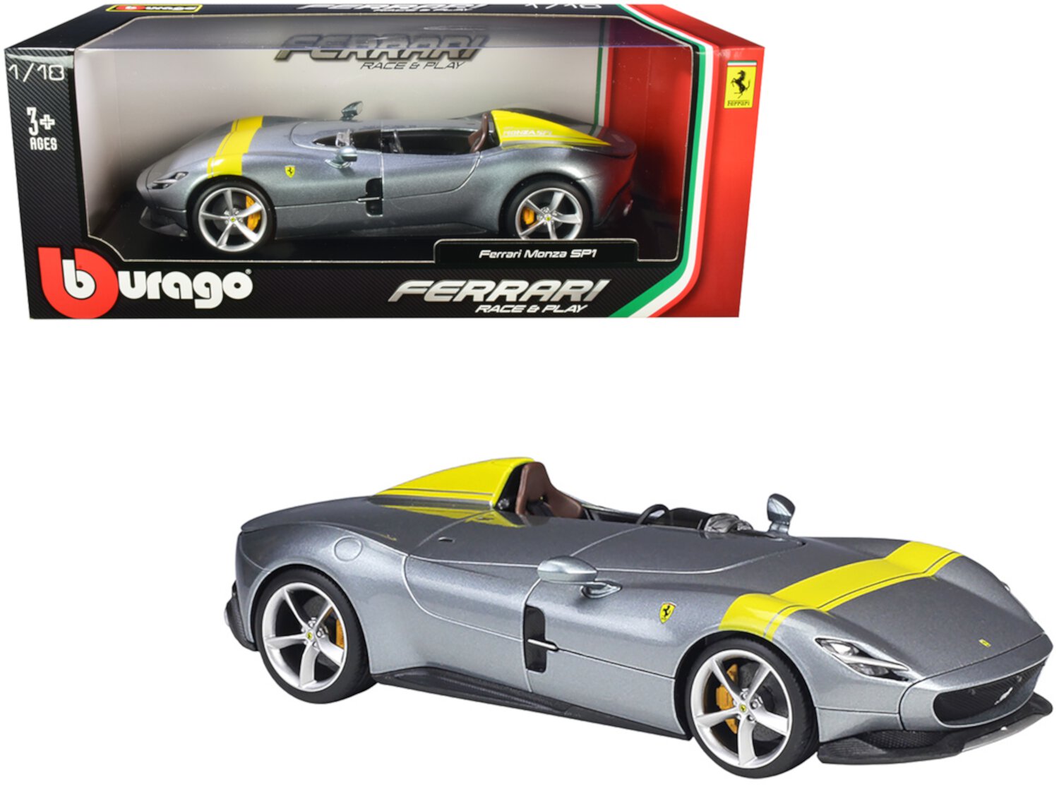 Ferrari Monza SP1 Silver Metallic with Yellow Stripes 1/18 Diecast Model Car by Bburago Bburago