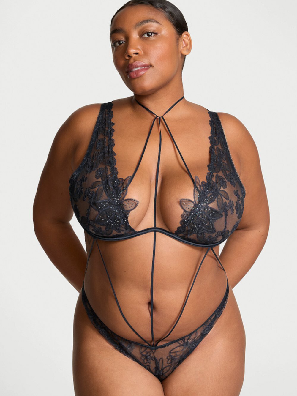 Ziggy Glam Noir Embellished Strappy Open-Back Teddy Very Sexy