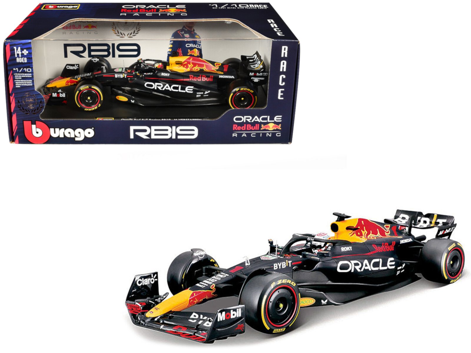 Diecast Red Bull Racing RB19 #1 Max Verstappen "Oracle" Champion Formula One F1 World Championship (2023) "Race" Series 1/18 Diecast Model Car by Bburago Bburago