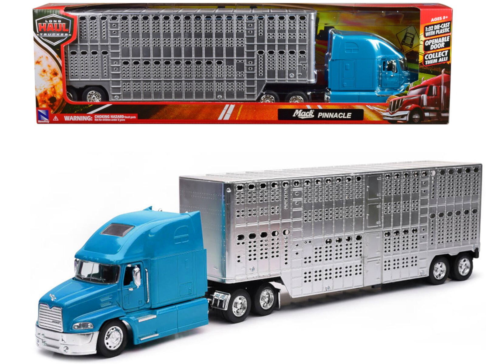 Mack Pinnacle Truck with Pot Belly Livestock Trailer Blue and Chrome "Long Haul Truckers" Series 1/32 Diecast Model by New Ray New Ray Toys