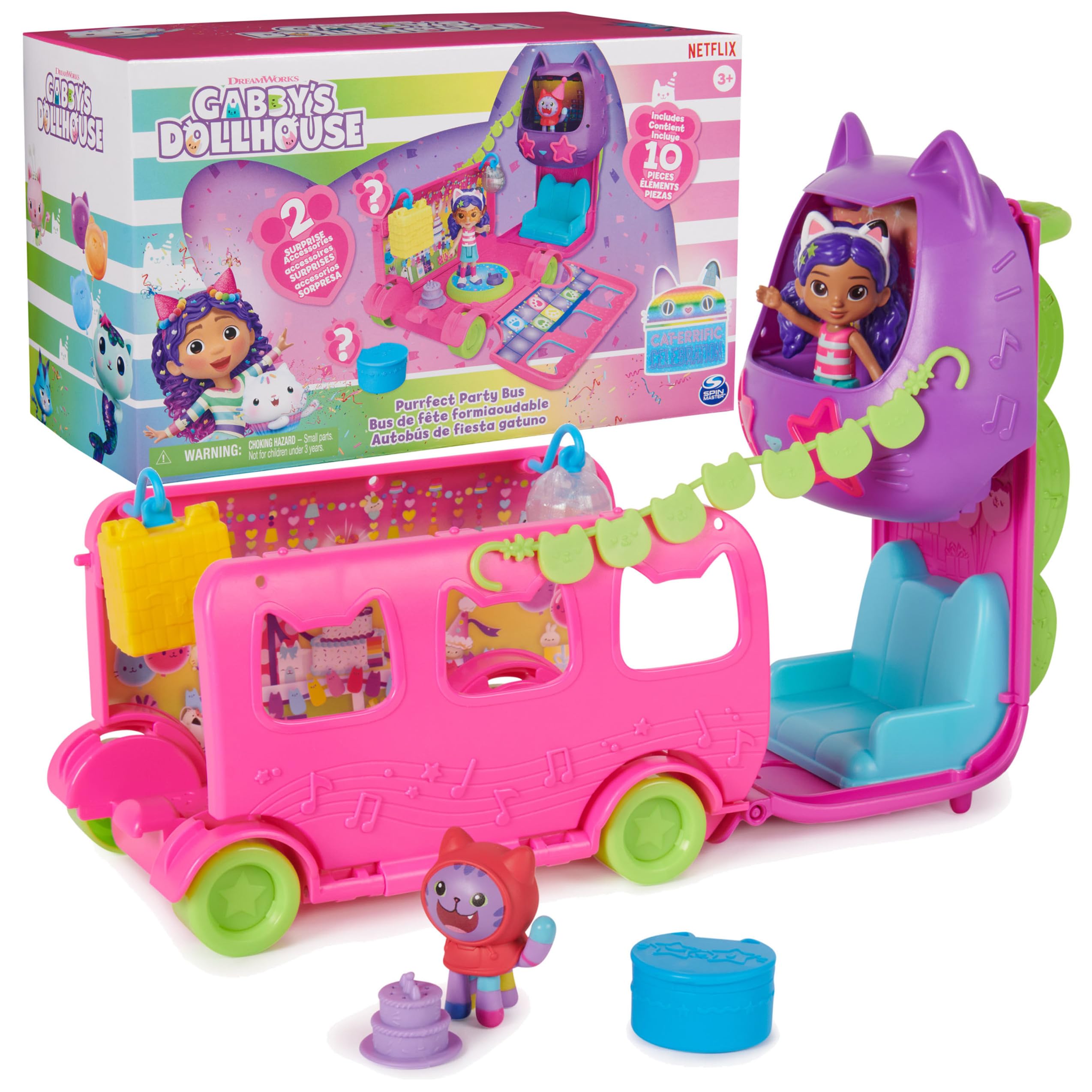 Gabby's Dollhouse Celebration Party Bus Playset with Gabby & DJ Catnip Toy Figures and Dollhouse Accessories, Kids Toys for Ages 3 and Up Gabby's Dollhouse