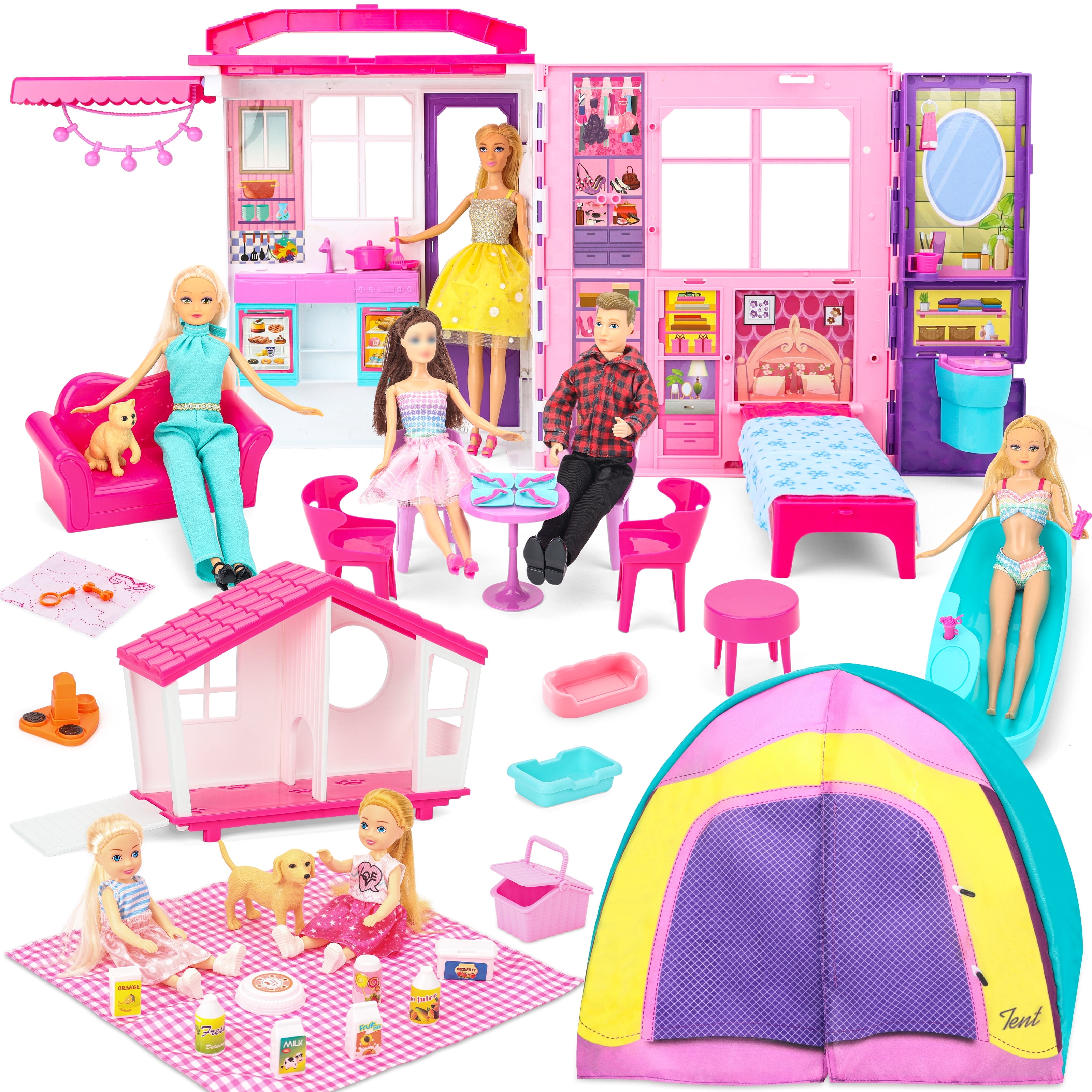 Style Shine Doll House Playset with 60+ Accessories Including Transforming Furniture, Cutlery, Daily Necessities Slide, Pets, Bathtubs, Swings, Slides, Camping Tents and Other Camping Supplies Style Shine