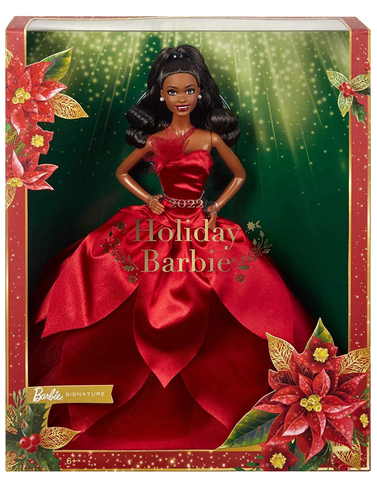 Barbie Signature 2022 Holiday Barbie Doll Dark Brown Wavy Hair with Doll Stand Barbie