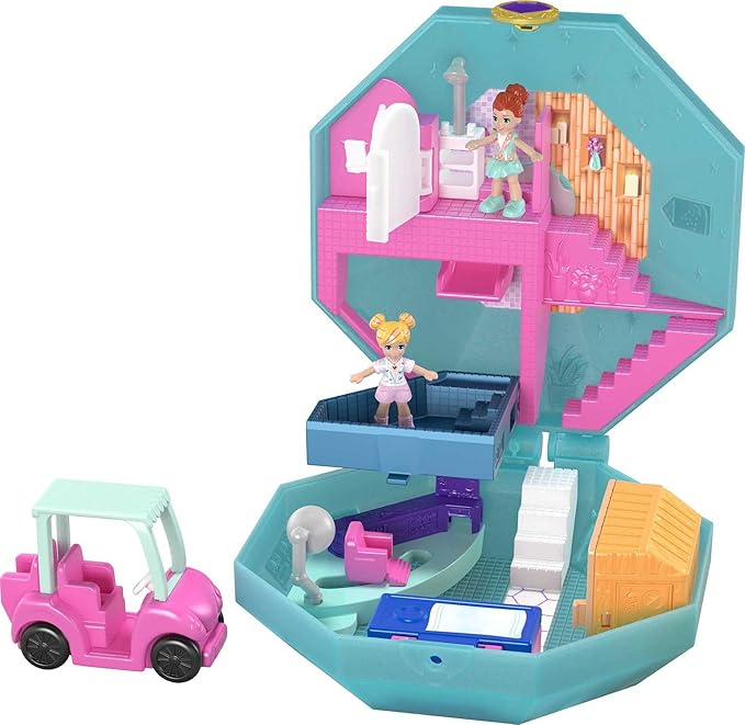 Polly Pocket Playset, Travel Toy with 2 Micro Dolls, Toy Car & Surprise Accessories, Pamperin Perfume Spa Compact Mattel