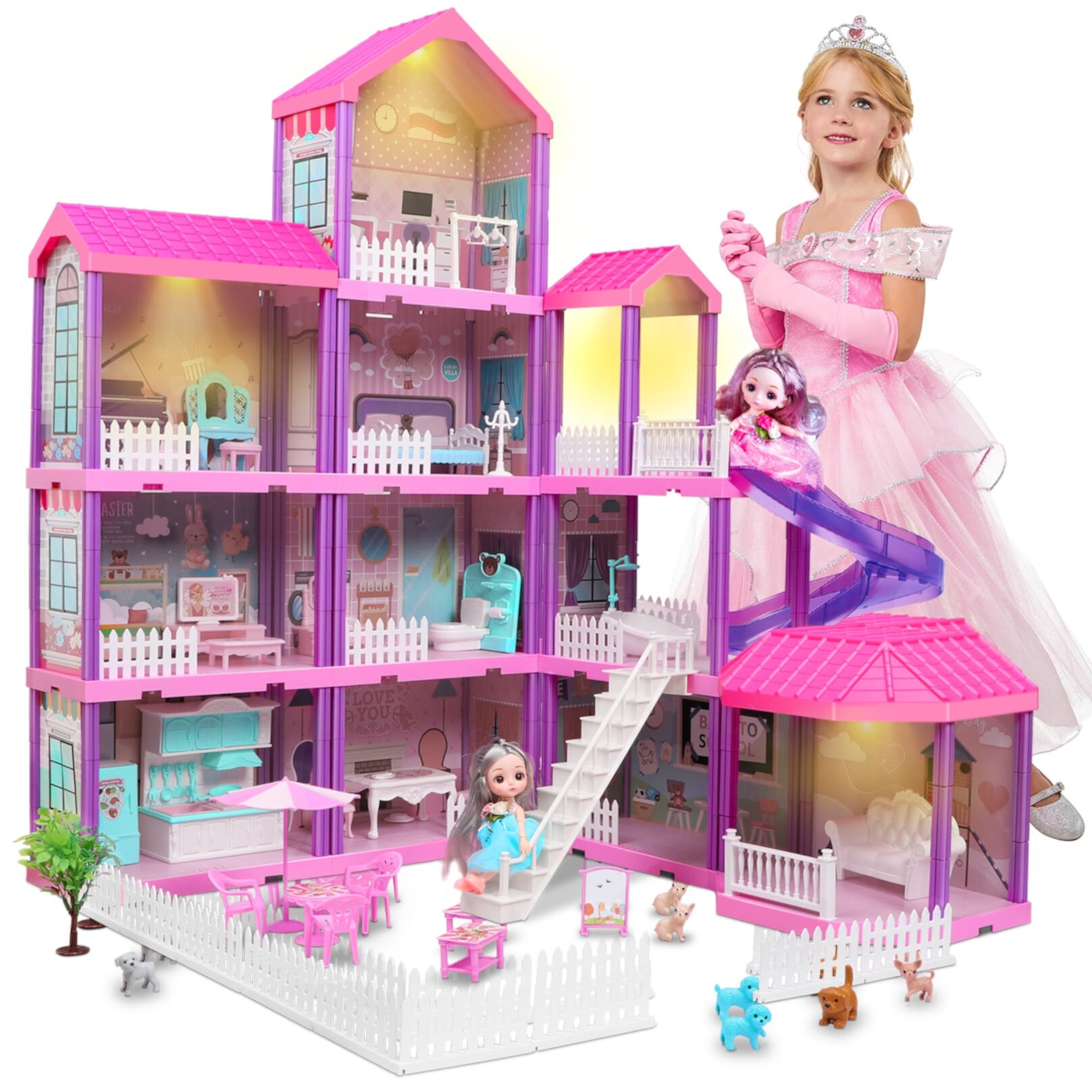 Freecat 36 inch Dollhouse with Slide,Dolls and 11 Rooms,Creative Dollhouse Toys Gift for 3 to 6 Year Old Girls Freecat