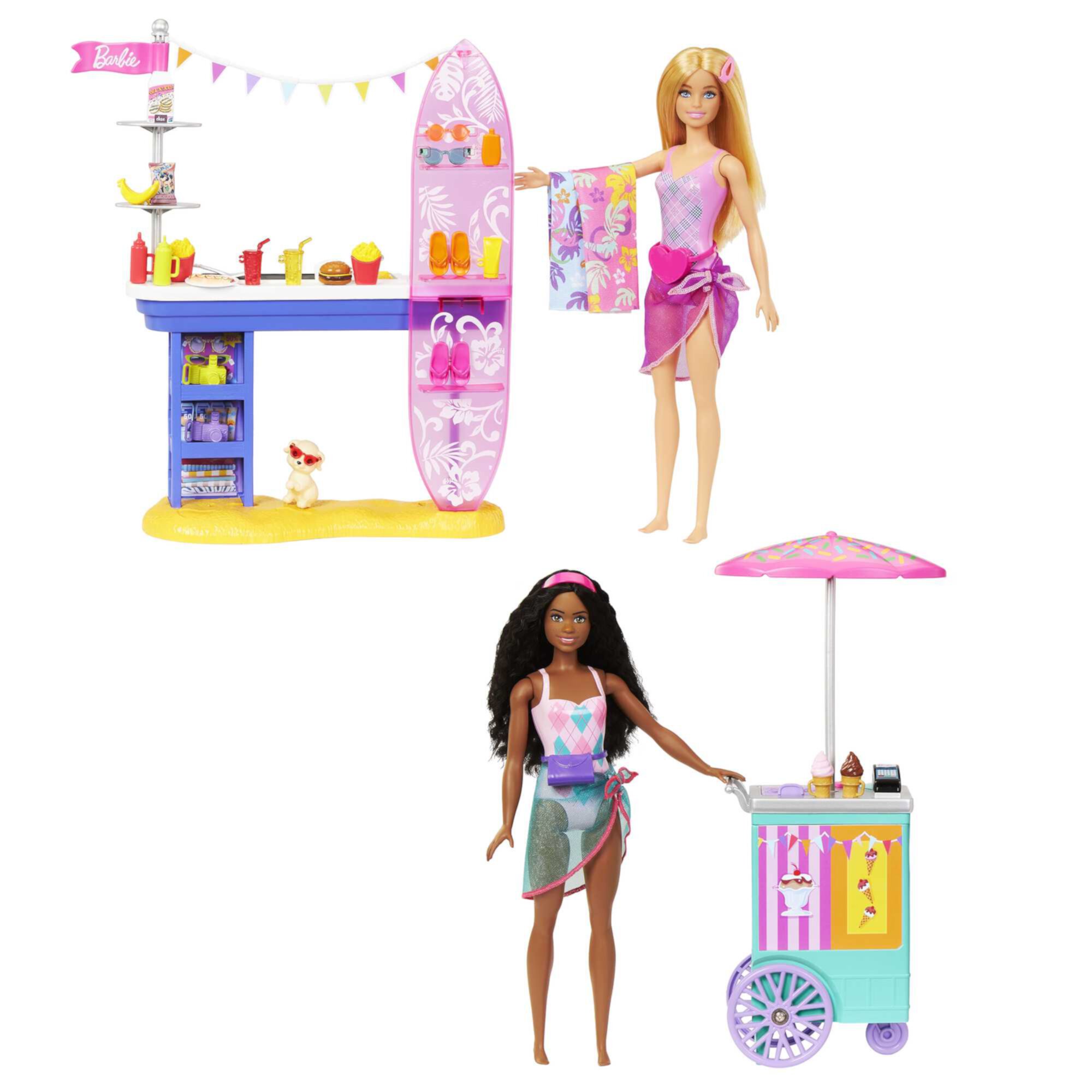 Barbie Beach Boardwalk Playset with Barbie “Brooklyn” & “Malibu” Dolls, 2 Stands & 30+ Accessories Barbie