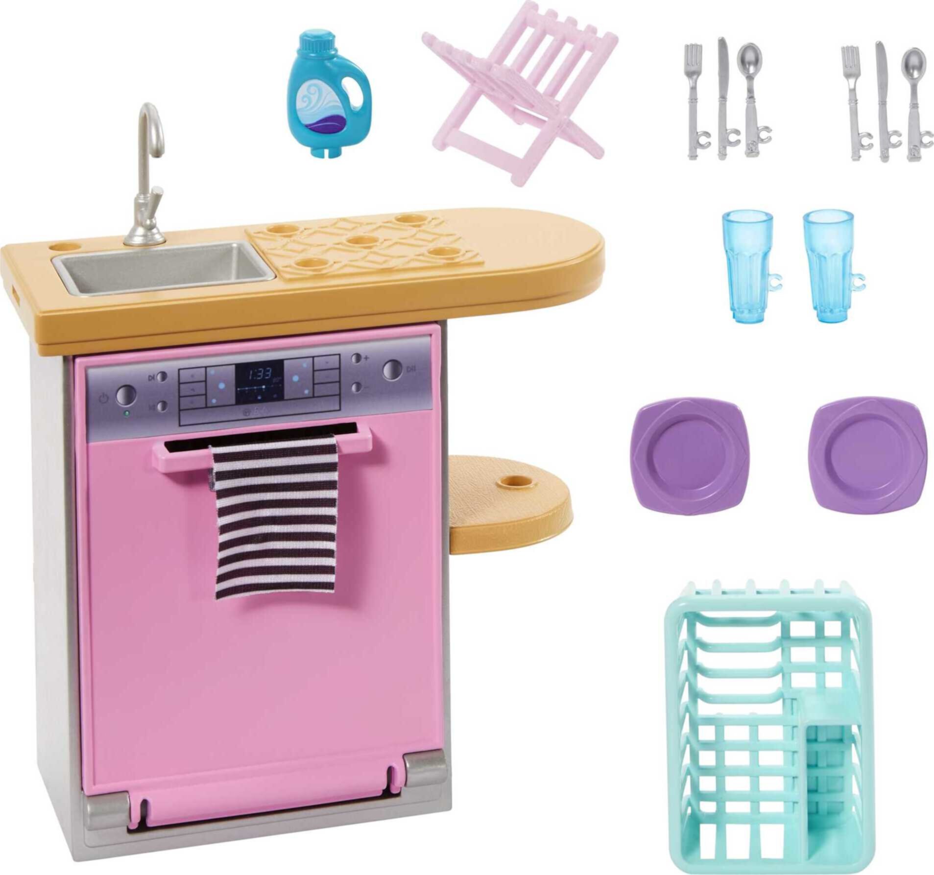 Barbie Indoor Doll House Furniture Set, Dishwasher with Counter & Kitchen Accessories Barbie