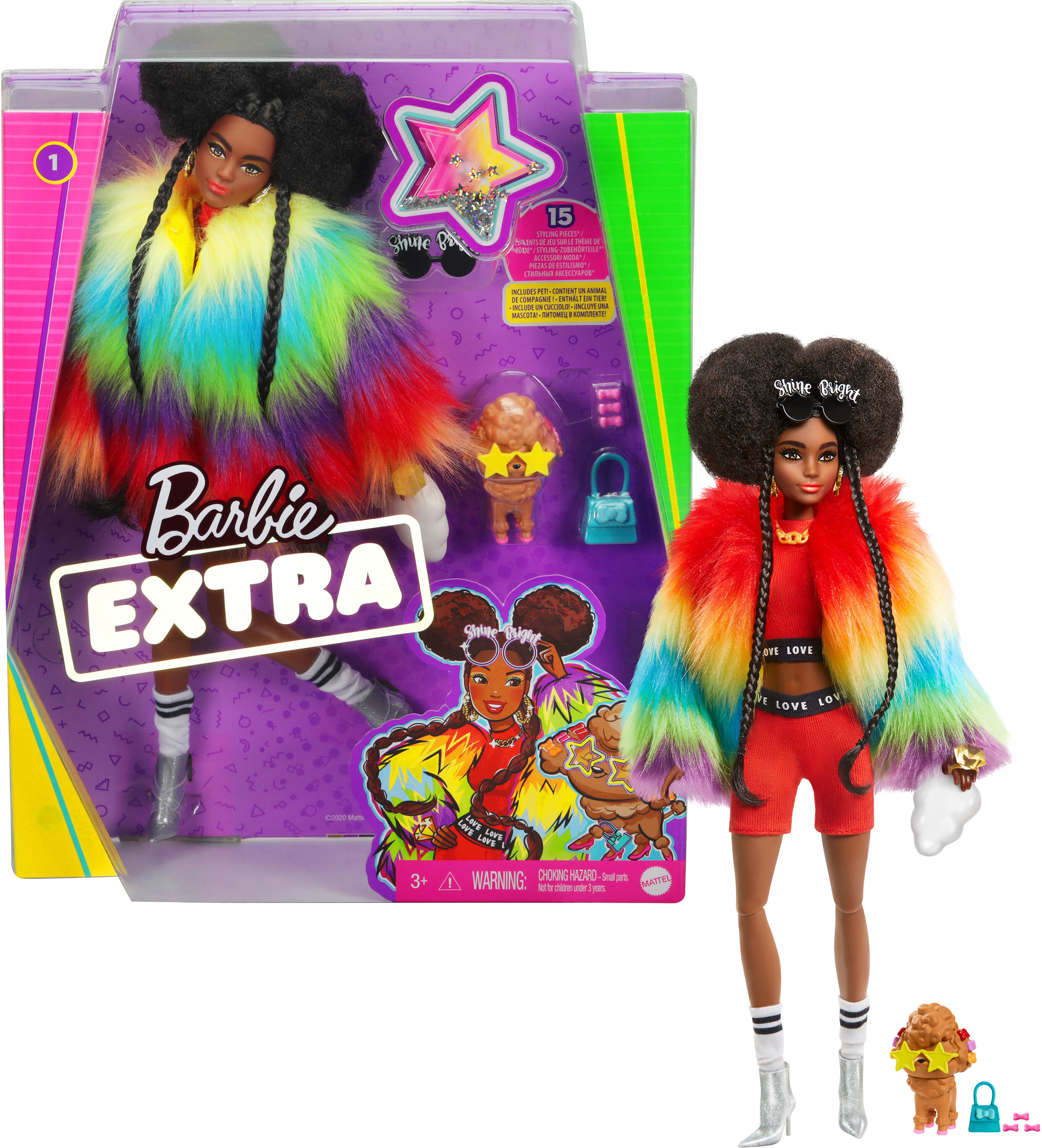 Barbie Extra Fashion Doll with Afro-Puffs in Shaggy Rainbow Coat with Accessories & Pet Barbie