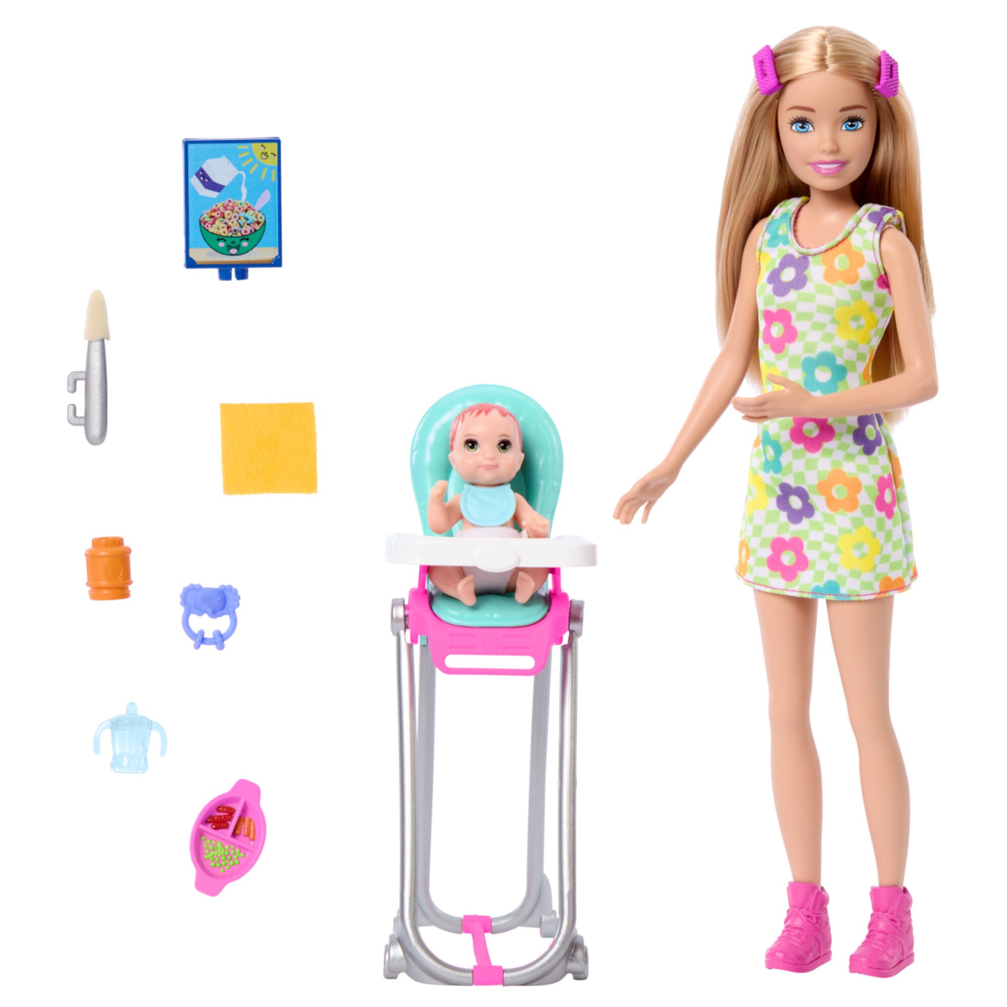 Barbie Skipper Babysitters Inc & Playset, Includes Doll, Baby, and Mealtime Accessories, 10 Piece Set Barbie