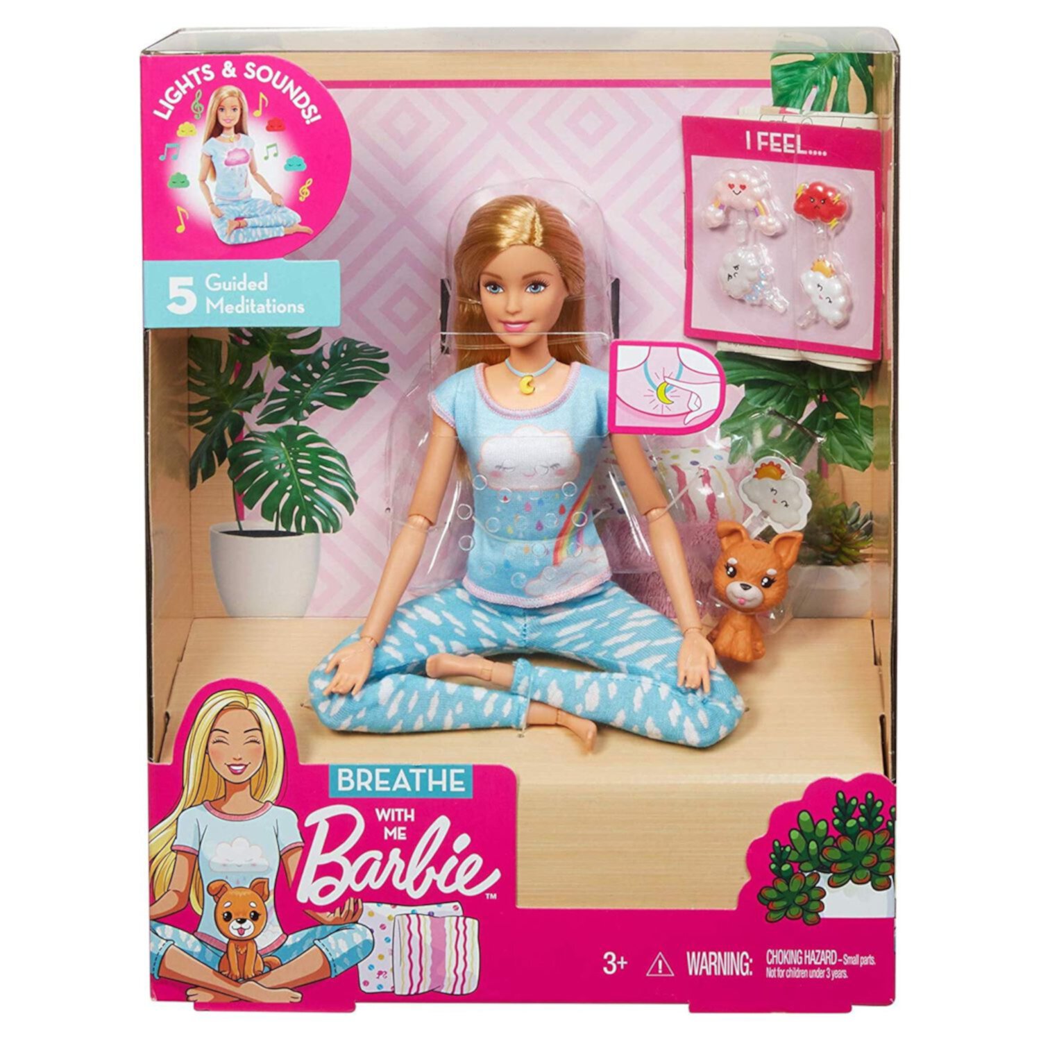 Barbie Breathe with Me Meditation Doll, Blonde, with 5 Lights & Guided Meditation Exercises, Puppy and 4 Emoji Accessories Barbie