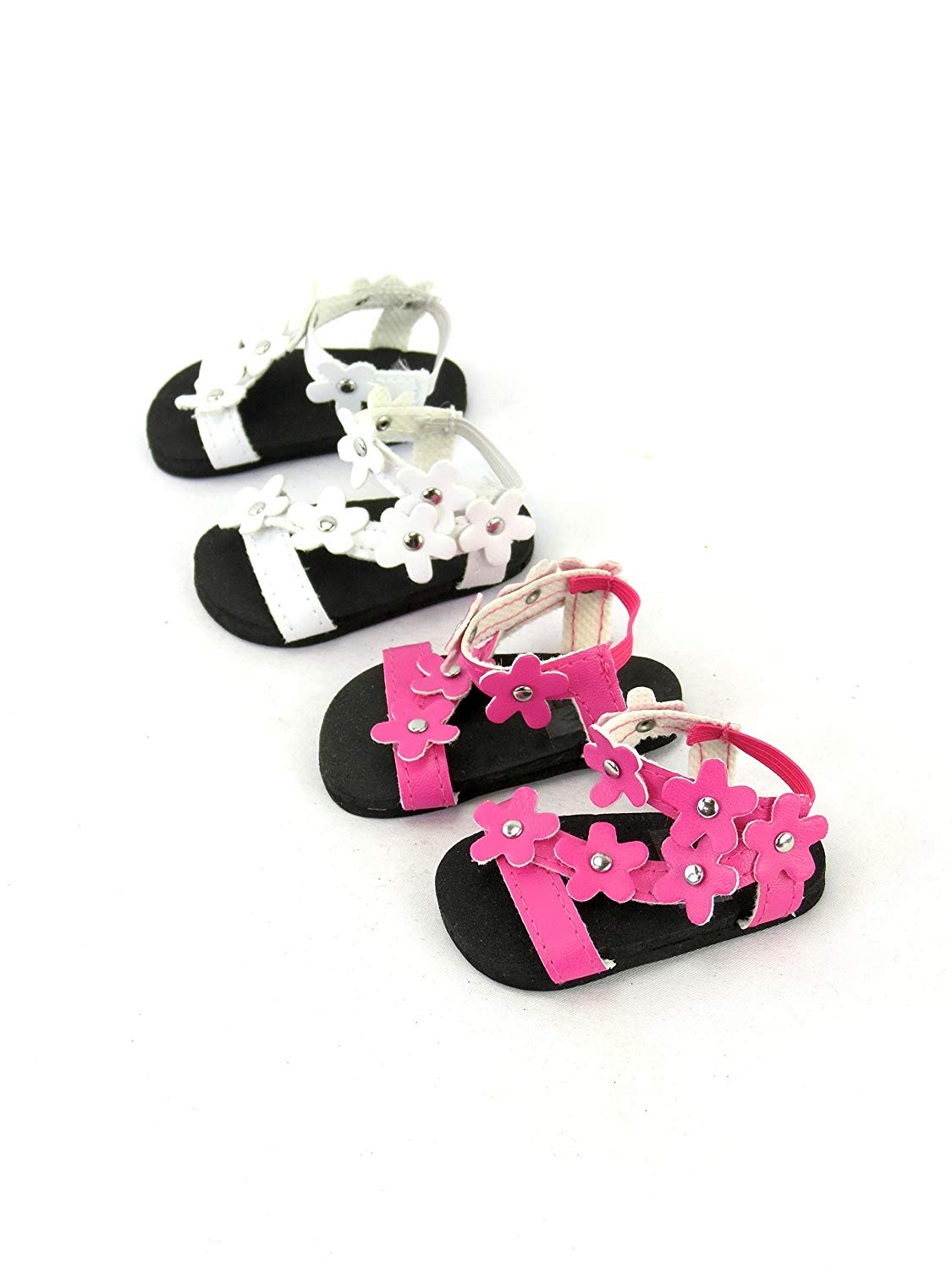 2 pack of flower power sandals: pink and white| Fits 18" American Girl Dolls, Madame Alexander, Our Generation, etc. | 18 Inch Doll Accessories American Fashion World