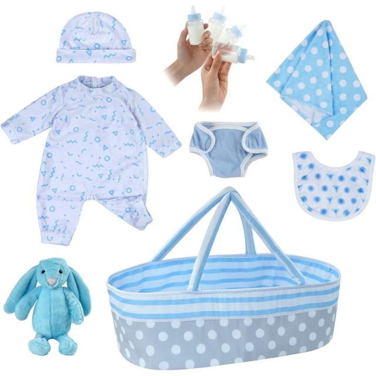 8 Pcs Reborn Baby Doll Accessories with Bassinet for 17-22 Inch Baby Doll,Baby Doll Clothes Outfit Accessories fit Reborn Doll Newborn Boy Rsgdolls