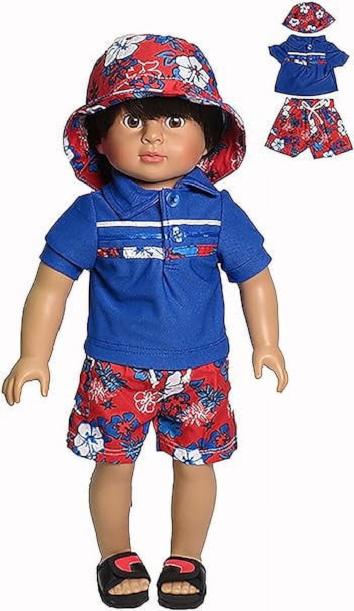 Red and Blue Collared Shirt, Floral Pants, and Hat for 18-Inch Boy Dolls | Doll Clothes American Fashion World