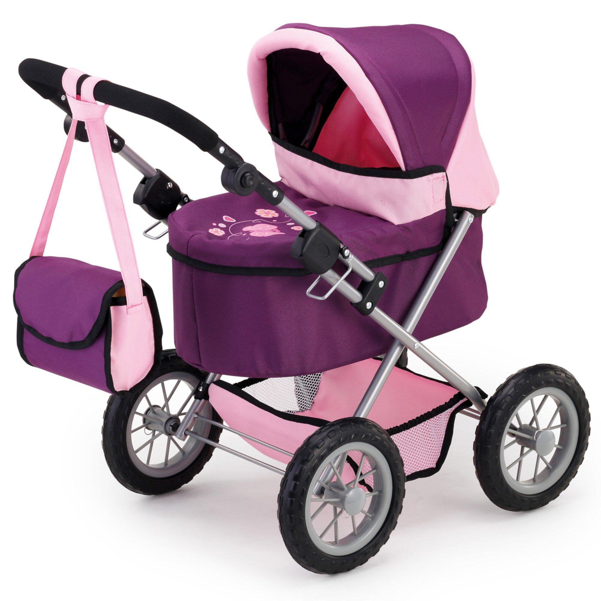 Bayer Design Doll Purple & Pink Trendy Pram W/ Shoulder Bag, Adjustable Handle, Shopping Basket, Children Ages 3+ Bayer Design