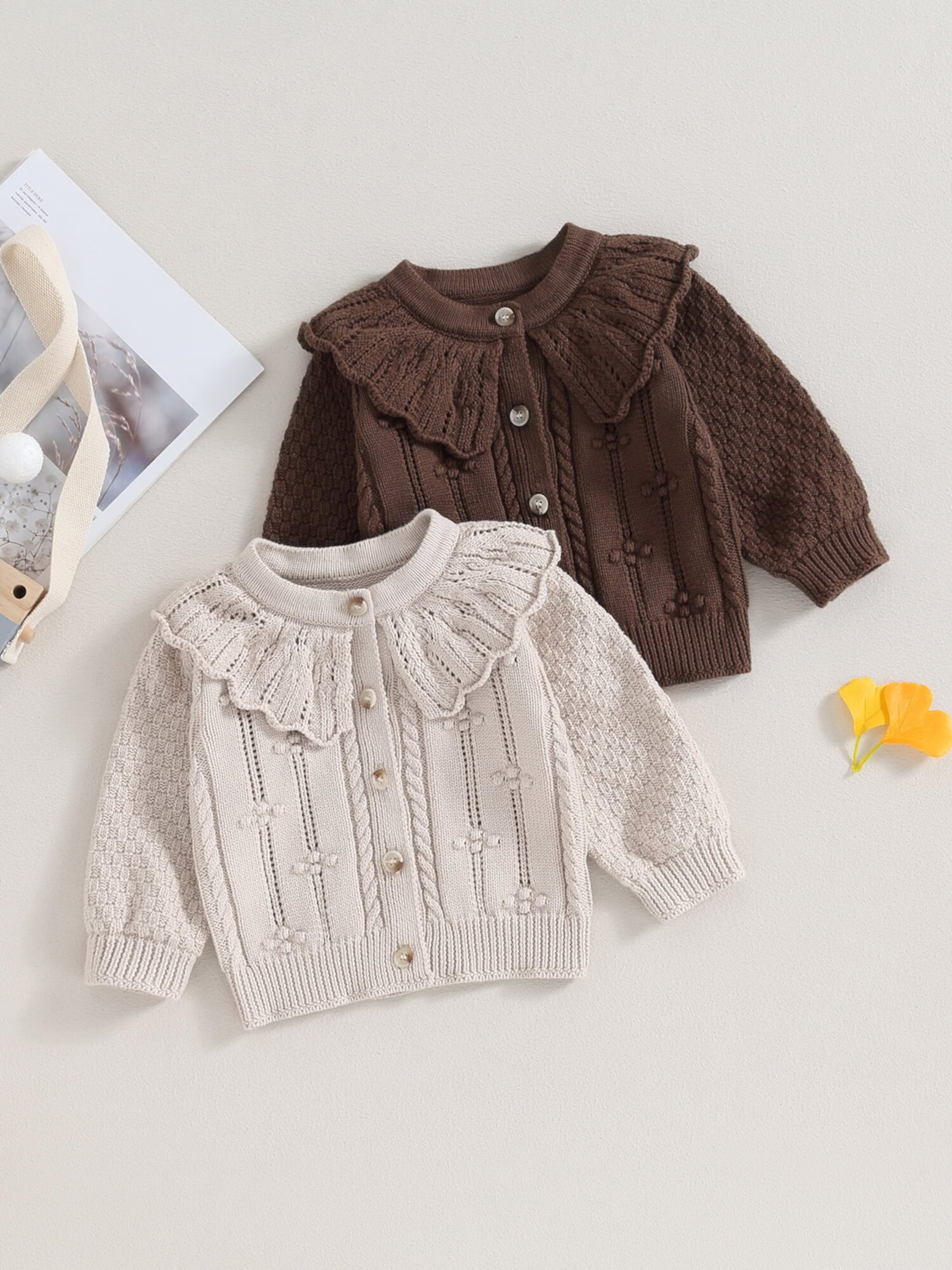 Wassery Baby Girls Knit Cardigan Sweater Long Sleeve Doll Collar Button Knitted Cardigan 3M 6M 12M 18M 24M Infant Fall Winter Loose Fit Crochet Knitwear Outerwear Wassery