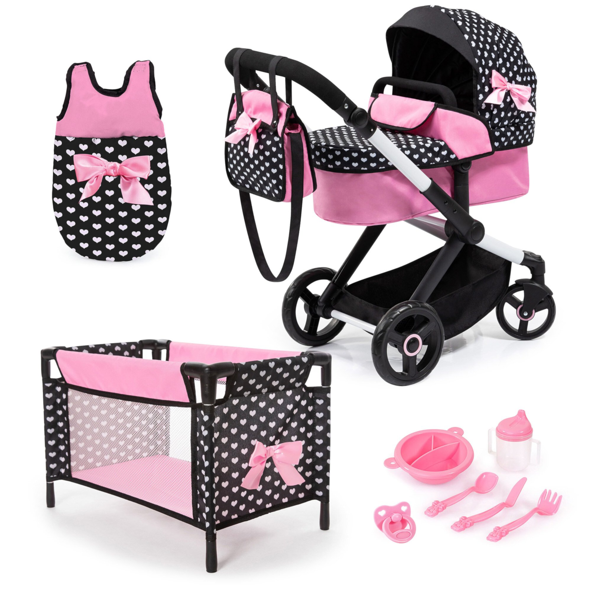 Bayer Design Dolls: Xeo Mega 10 Piece Set - Black, Pink, Hearts - Pram, Bed, Handbag, Feeding & Care Accessories For Dolls Up to 18", Toy, Kids Age 3+ Bayer Design