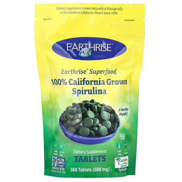 100% California Grown Spirulina, 3,000 mg, 360 Tablets (Таблетки) (500 mg per Tablet) Earthrise