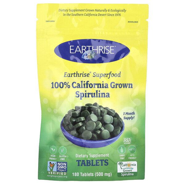 100% California Grown Spirulina, 3,000 mg, 180 Tablets (Таблетки) (500 mg per Tablet) Earthrise