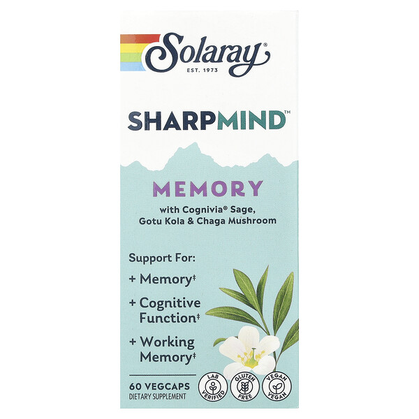 Sharpmind™ Memory с Cognivia® Шалфеем, Готу Колой и Чагой, 60 вегетарианских капсул Solaray