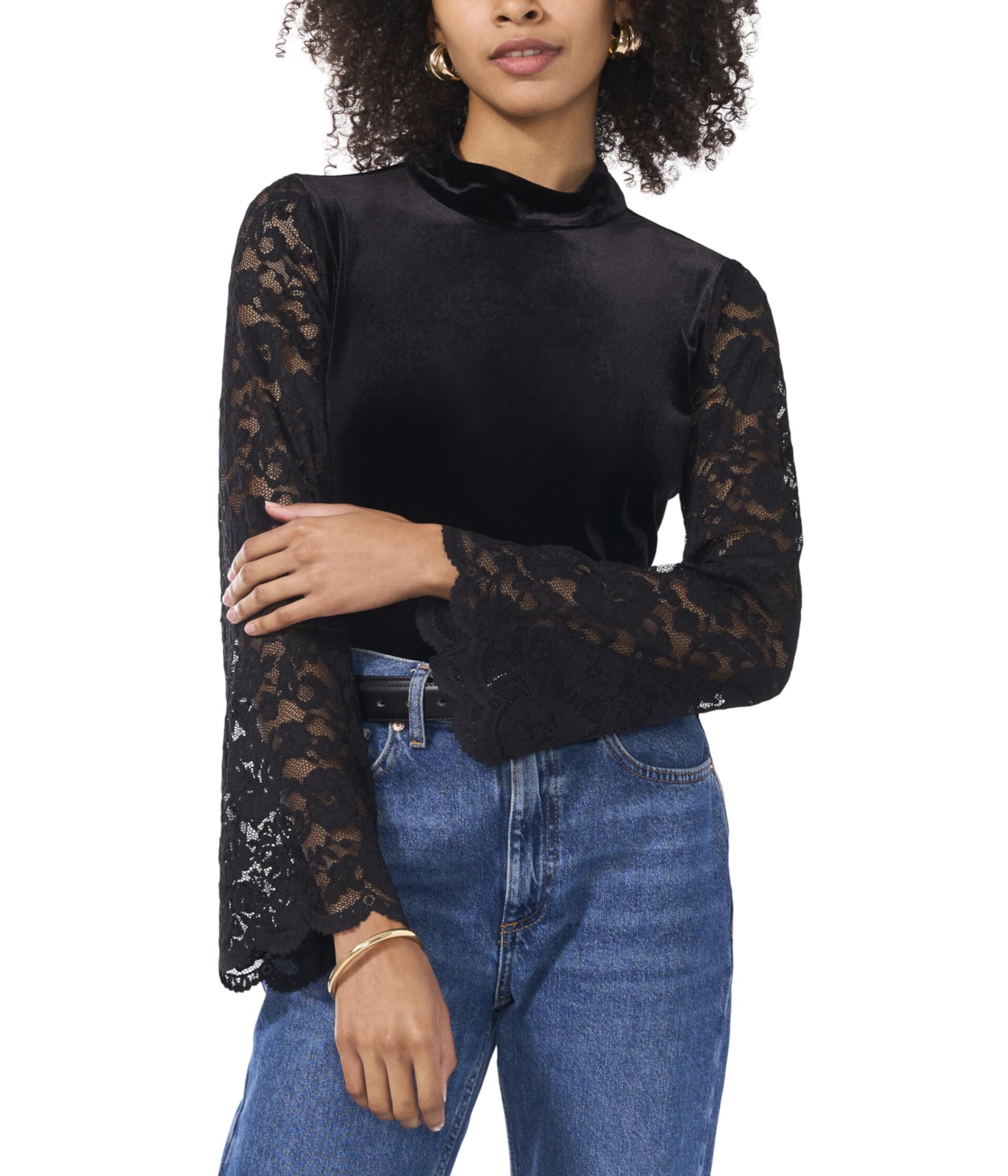 Mock Neck Knit Top With Lace Sleeves Vince Camuto