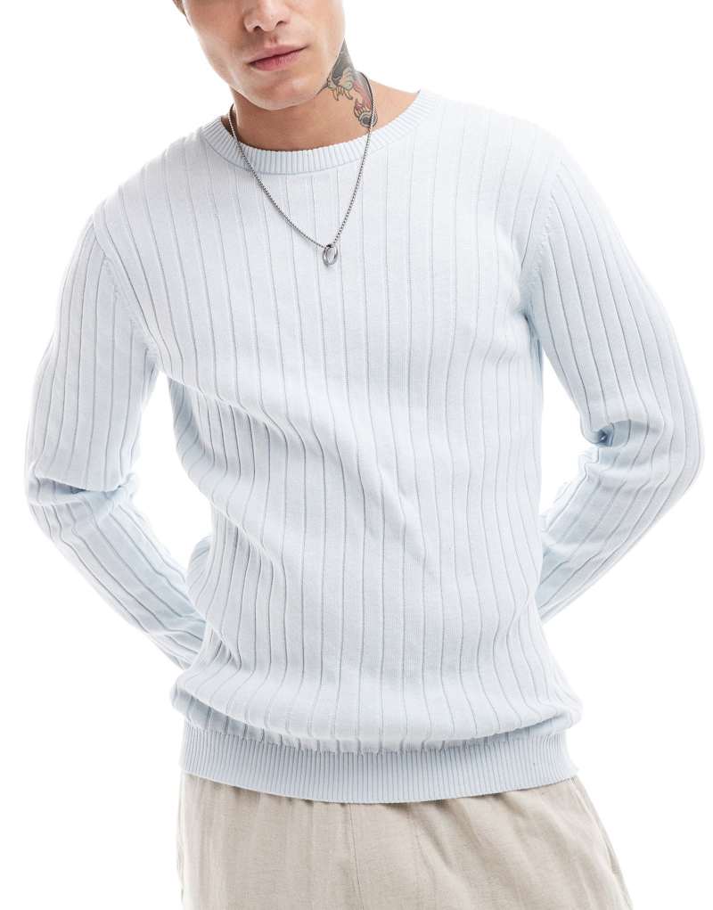 Мужской Свитер ASOS DESIGN Essential Muscle Fit Rib Knit в Светло-Синем ASOS DESIGN