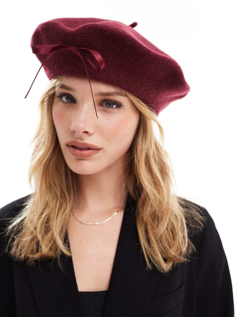 ASOS DESIGN wool beret with burgundy bow ASOS DESIGN