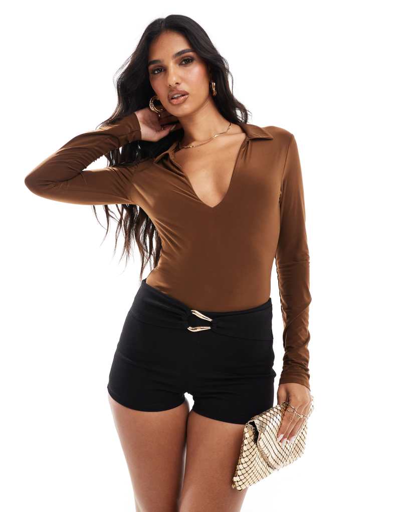 ASOS DESIGN long sleeve plunge collared bodysuit in light brown ASOS DESIGN