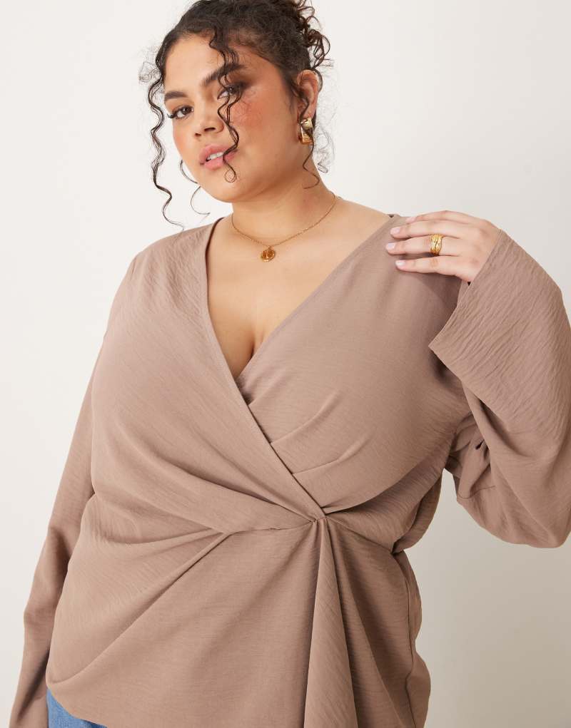 Женская Блузка ASOS Curve с длинным рукавом и завязками коричневая ASOS Curve