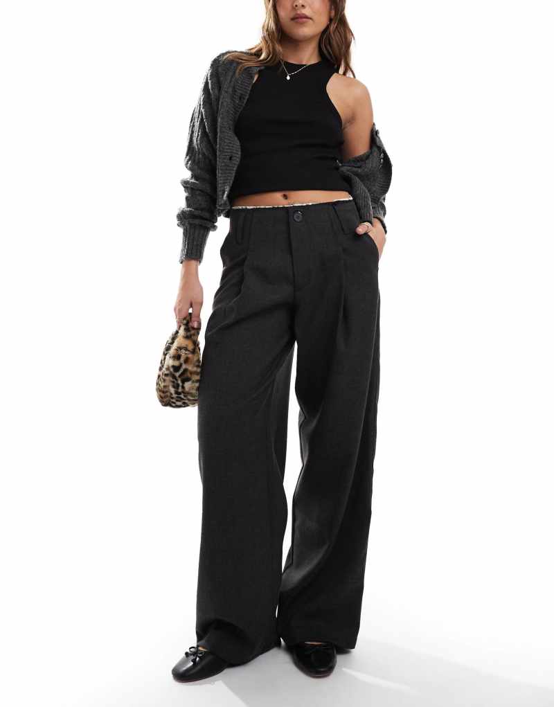 Bershka raw edge wide leg tailored pants in black Bershka