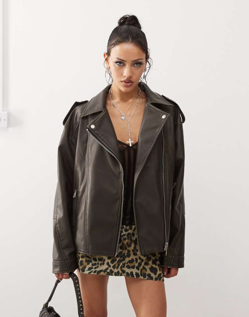 Motel zebbie distressed faux leather biker jacket in olive Motel