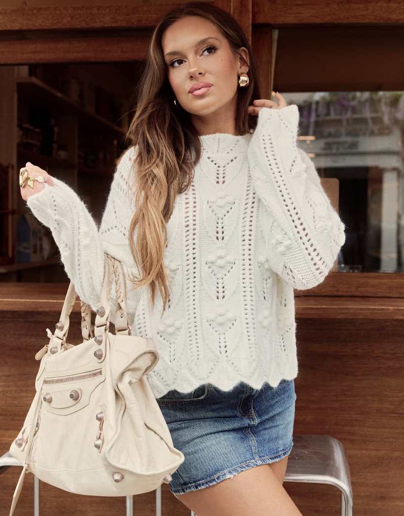 The Frolic x Bella Stovey exclusive pointelle scallop edge sweater in cream The Frolic