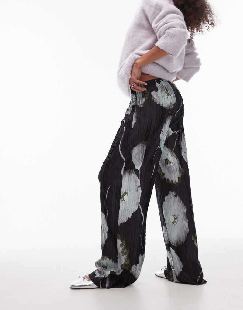 Topshop abstract floral plisse wide leg pants in black TOPSHOP