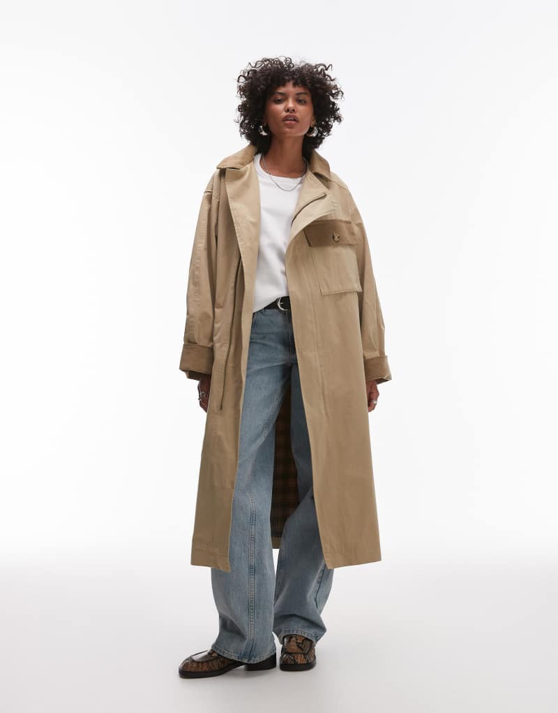 Topshop heritage trench coat with check lining in camel TOPSHOP