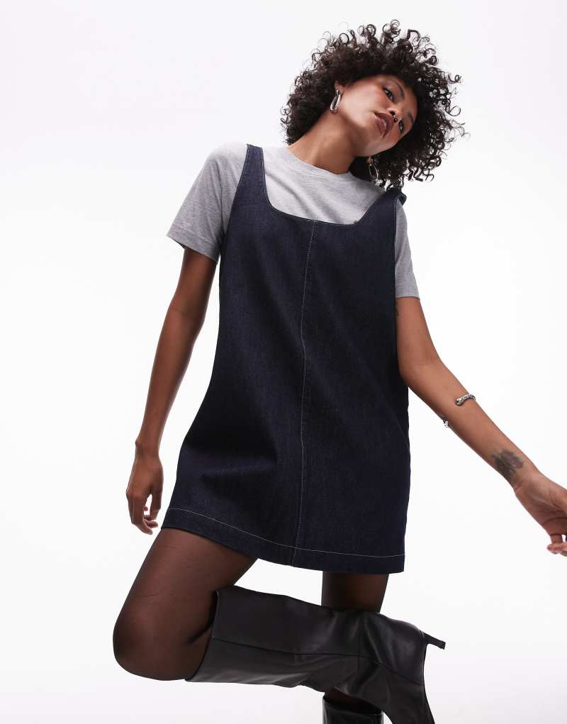 Topshop denim tailored pinafore dress in blue rinse TOPSHOP