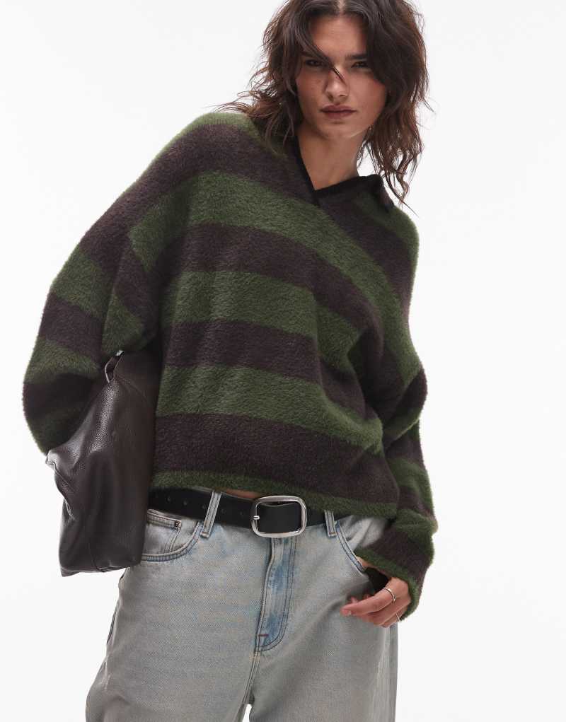 topshop knitted fluffy stripe relaxed polo in gray and green TOPSHOP