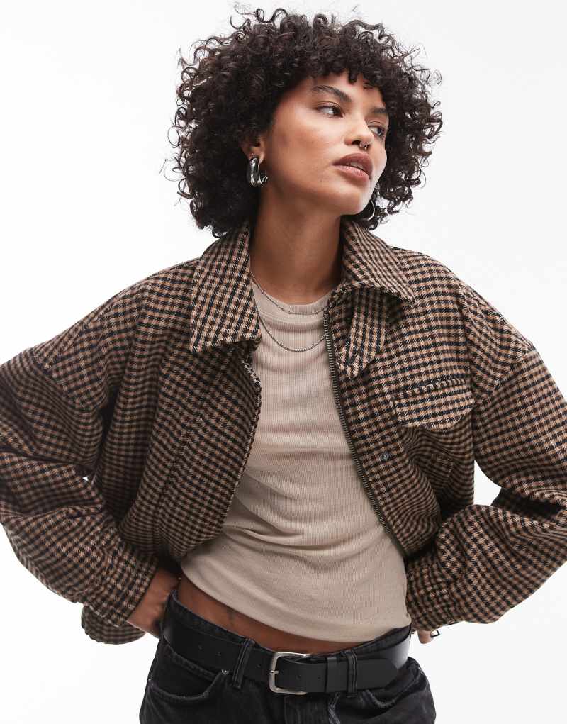 Topshop heritage check wool blend bomber jacket with tab detail in multi TOPSHOP