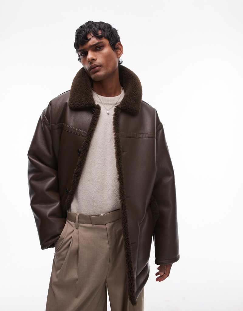 Topman faux shearling jacket with shearling collar in brown TOPMAN