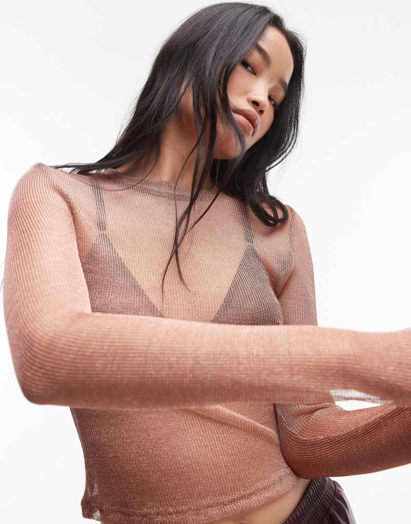 Topshop sheer metallic long sleeve top in rose gold TOPSHOP