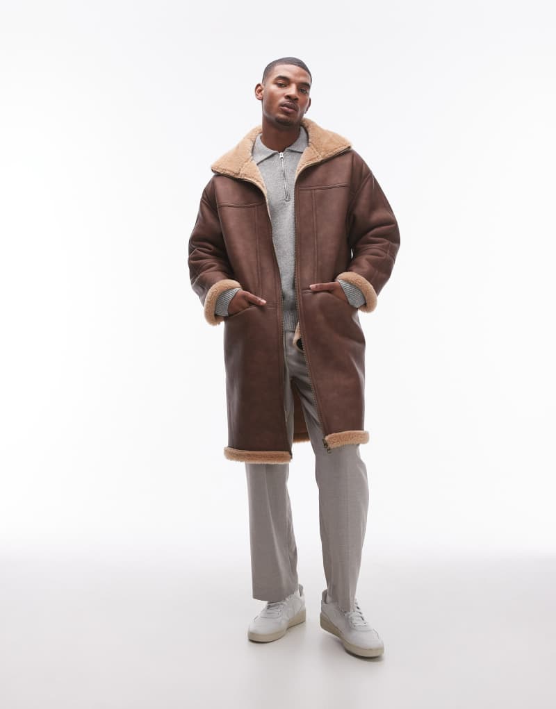 Topman longline faux shearling jacket in brown TOPMAN