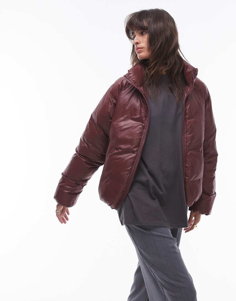 Topshop puffer bomber jacket in burgundy TOPSHOP