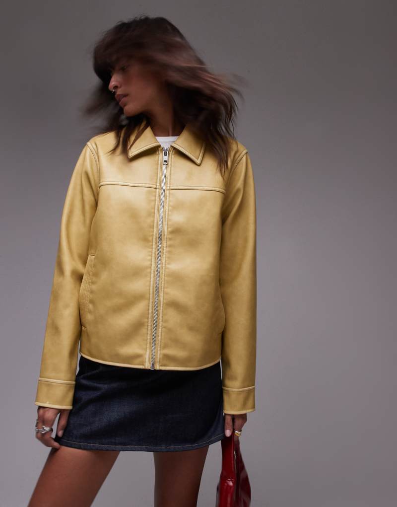 Topshop faux leather center front zip jacket in yellow TOPSHOP