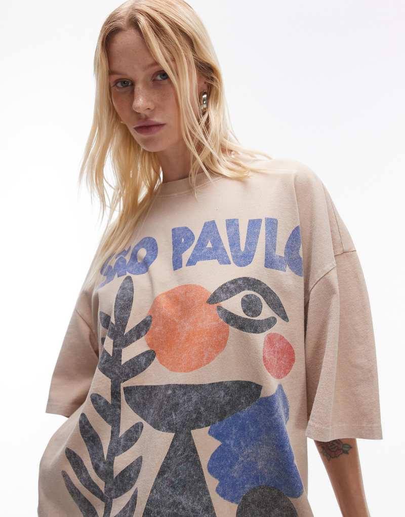 Topshop graphic Sao Paulo oversized tee in ecru TOPSHOP