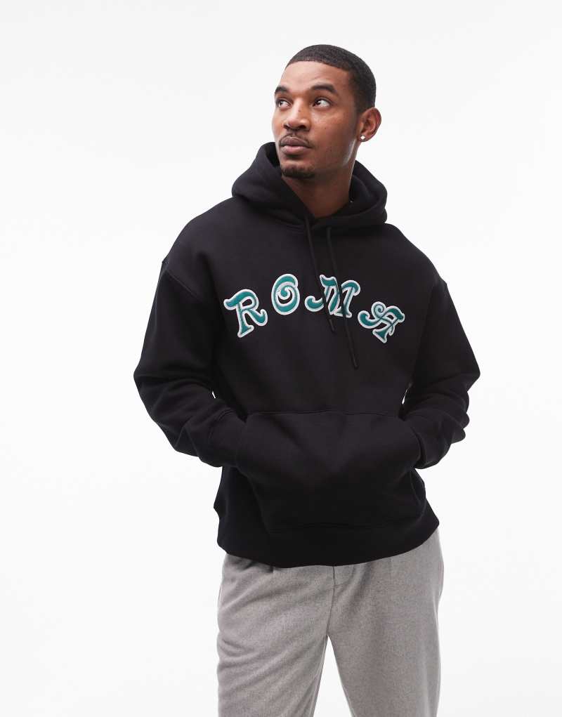 Topman oversized fit hoodie with Roma applique embroidery in black TOPMAN