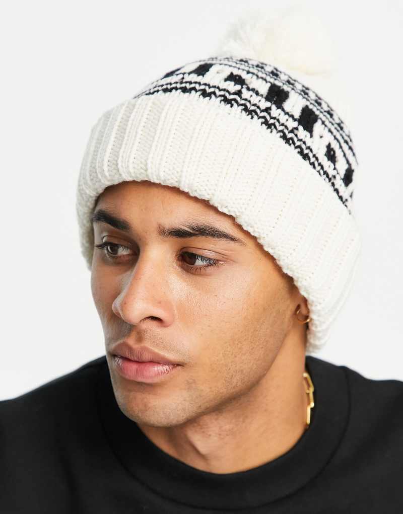 Topman bobble beanie with fair isle in blue and white - WHITE TOPMAN