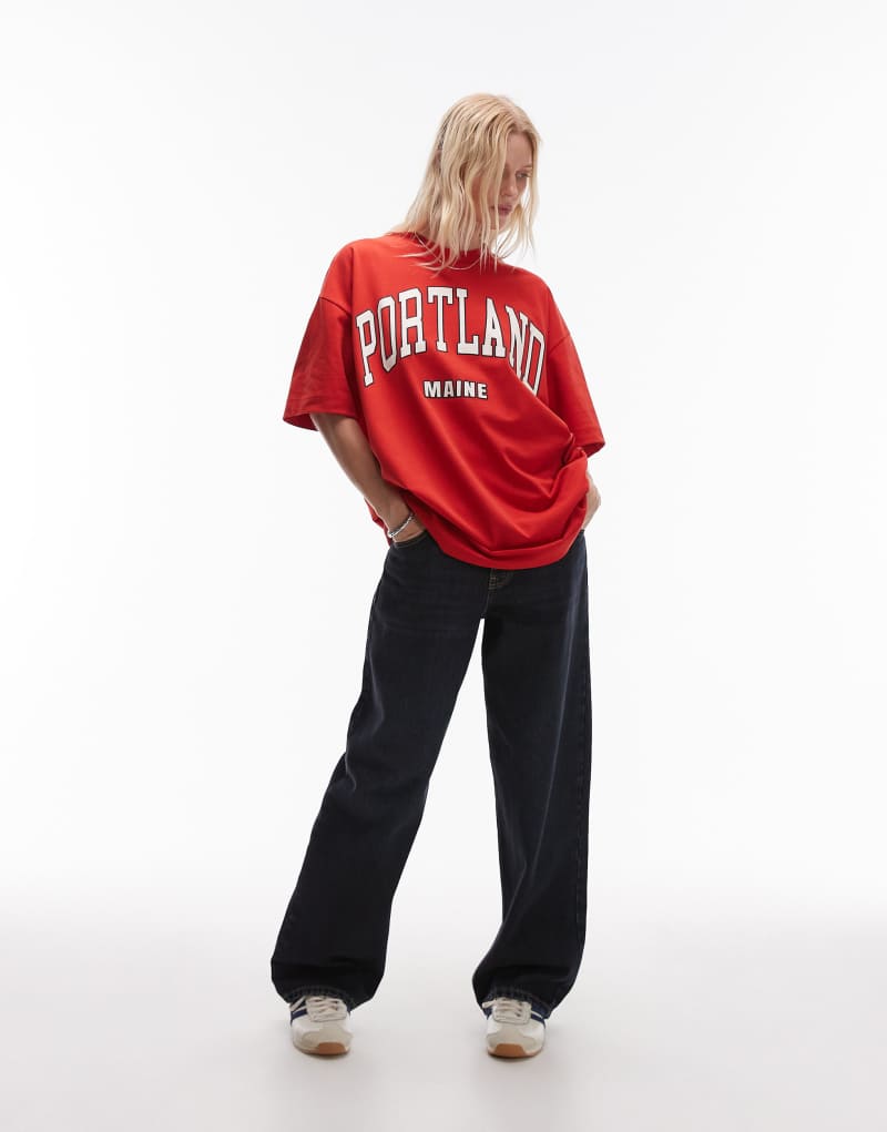 Topshop premium graphic Portland super oversized tee in red TOPSHOP