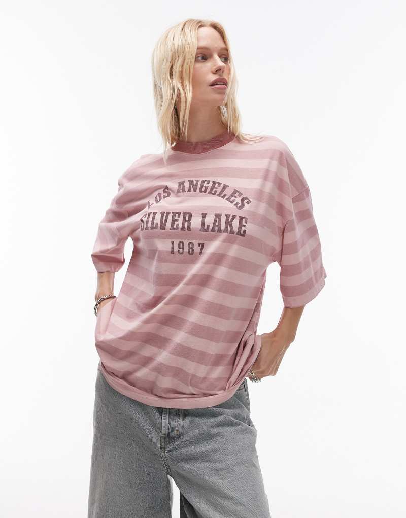 Topshop graphic Silver Lake stripe oversized tee in dusty pink TOPSHOP