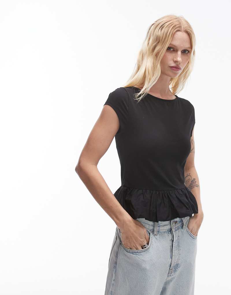 Topshop slash neck peplum bubble top in black TOPSHOP